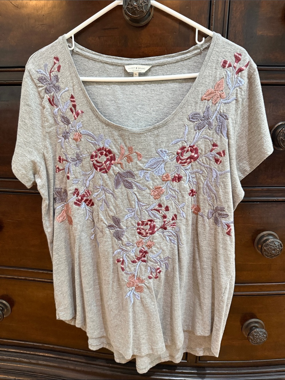Lucky Brand Gray Scoop Neck Tee with Pink & Purple Floral Embroidery
